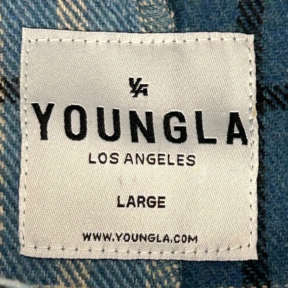 YoungLA Flannel Shirt Jacket Mens Large Blue Plaid Hooded Shacket Streatwear